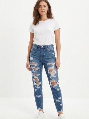 American Eagle Distressed Mom Jeans Laidback 2000s Y2K Size 0 Relaxed Fit Tumblr